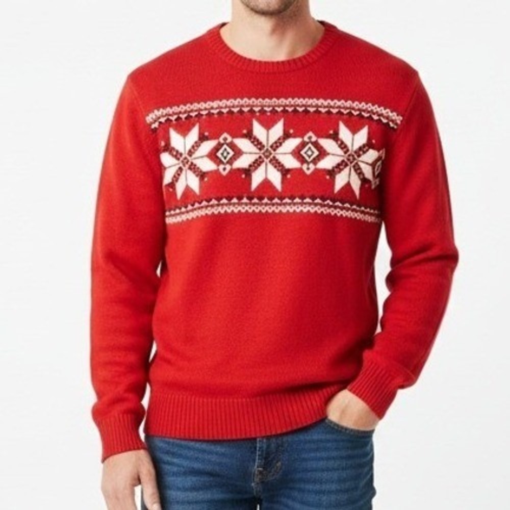 American Living Sweater Mens L Red Fair Isle Snowflake Cotton Pullover Holiday